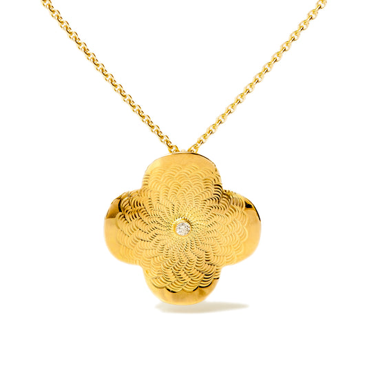 Guilloche Fleur-Di-Lis Pendant with Diamond ~ 18K Gold
