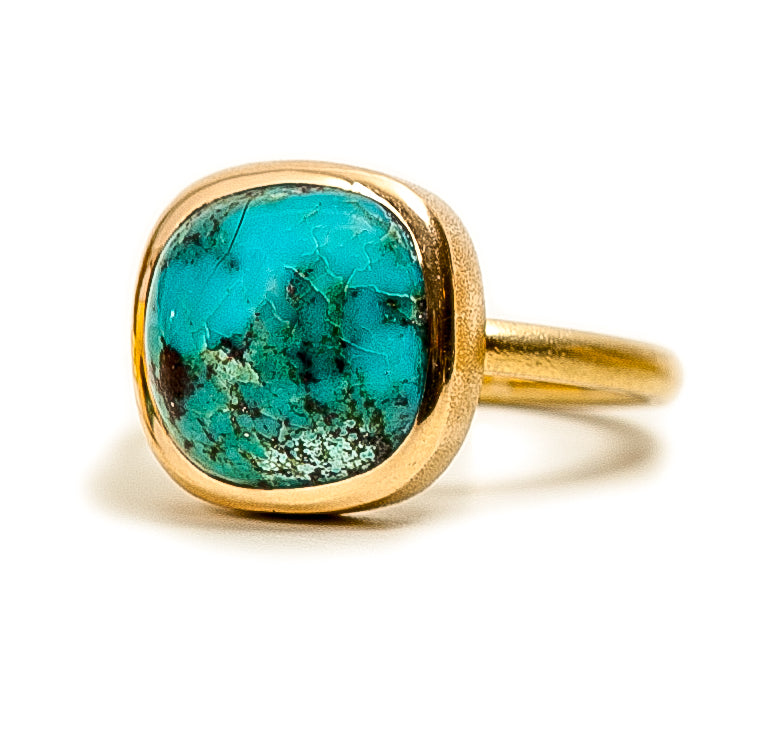 Morenci Turquoise Cushion Ring ~ 18K Gold
