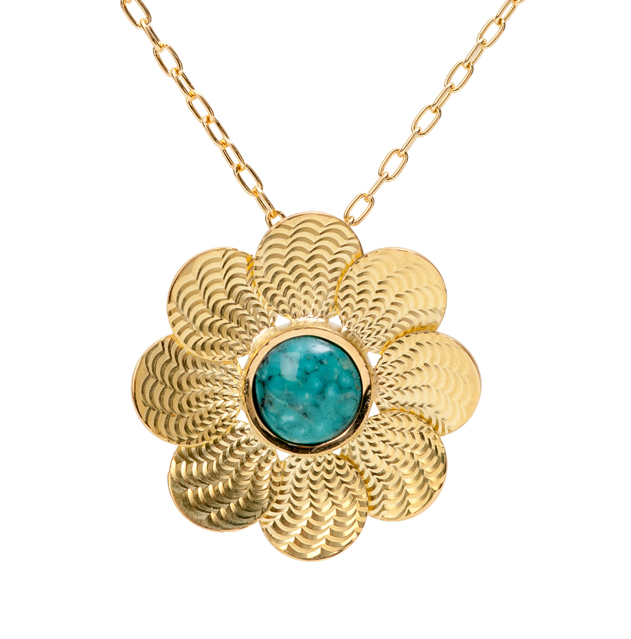 18K Gold Guilloche Flower Pendant ~ Morenci Turquoise
