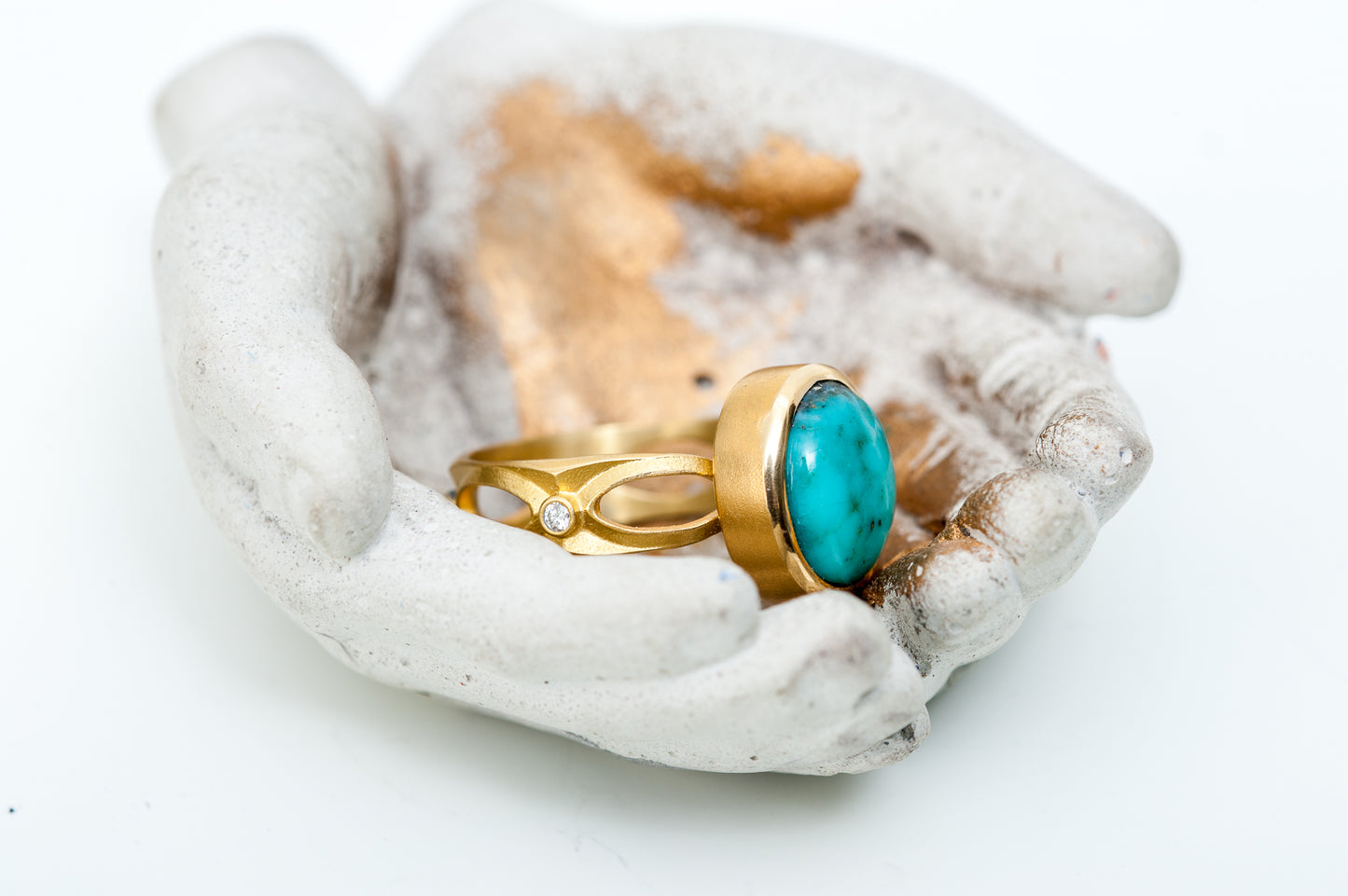 June Ring ~ 18K with Top White Diamonds and Bisbee Turquoise