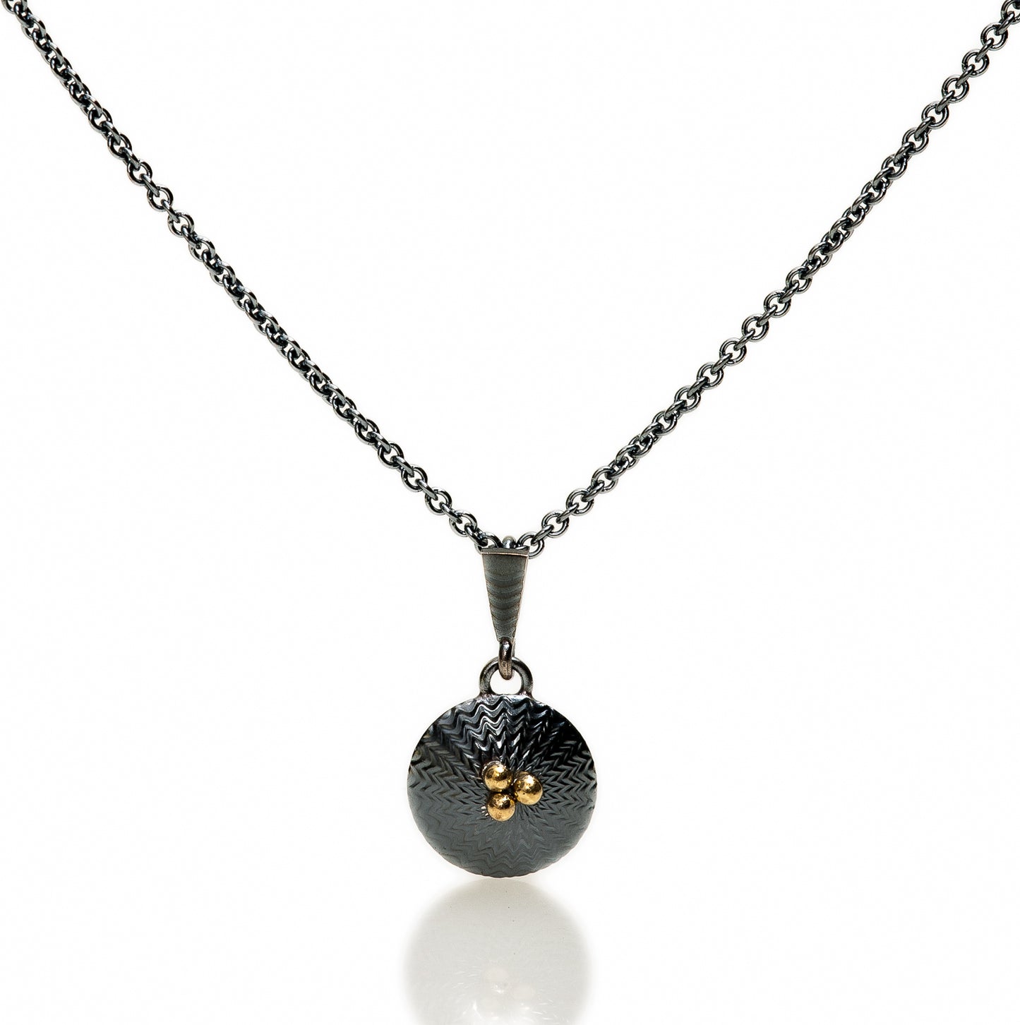 Guilloche Pendant ~ Oxidized Silver with 18K Gold Dots