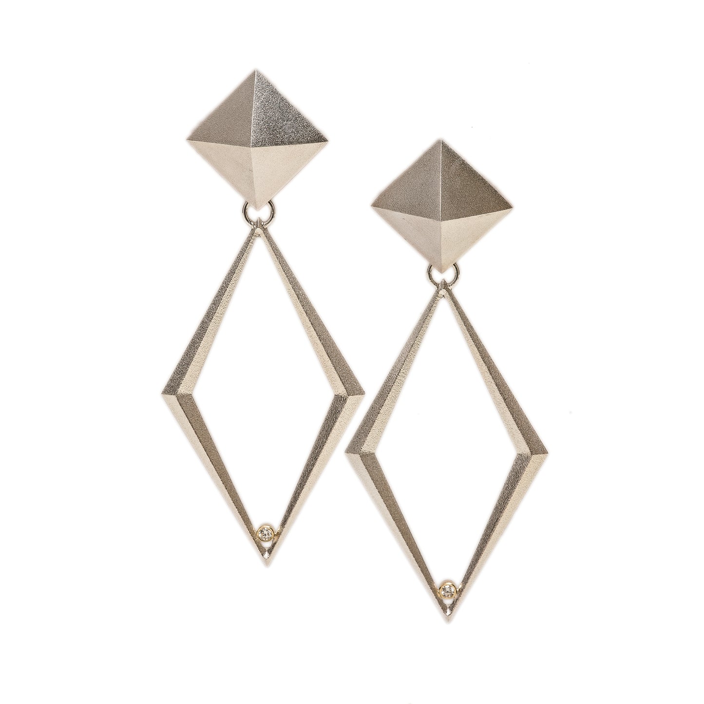Large Pyramid Earrings with Pierced Rhomboids and Diamonds