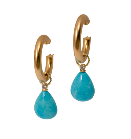 Sleeping Beauty Turquoise Pear Briolette 18K Hoops