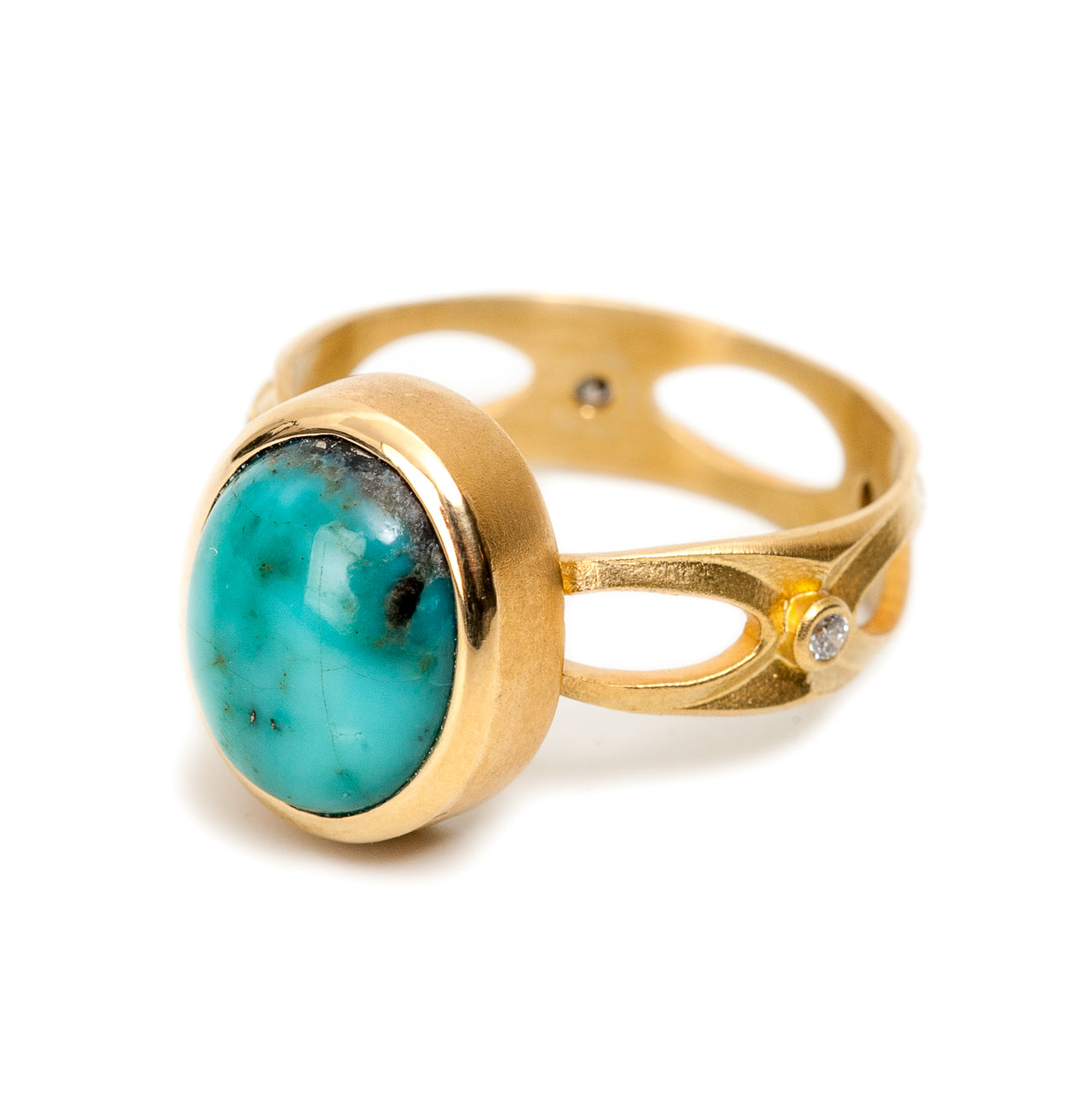 June Ring ~ 18K with Top White Diamonds and Bisbee Turquoise
