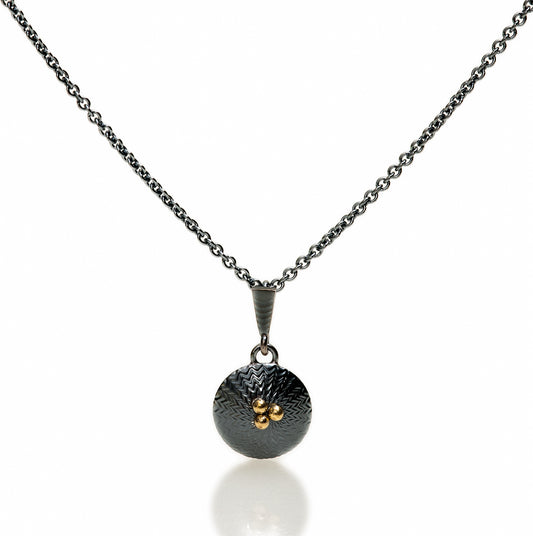 Guilloche Pendant ~ Oxidized Silver with 18K Gold Dots