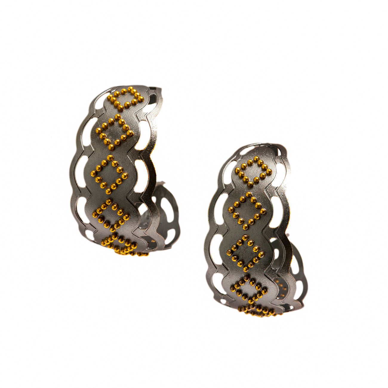 Lace Hoops Oxidized Sterling Silver with 18K Gold Dots