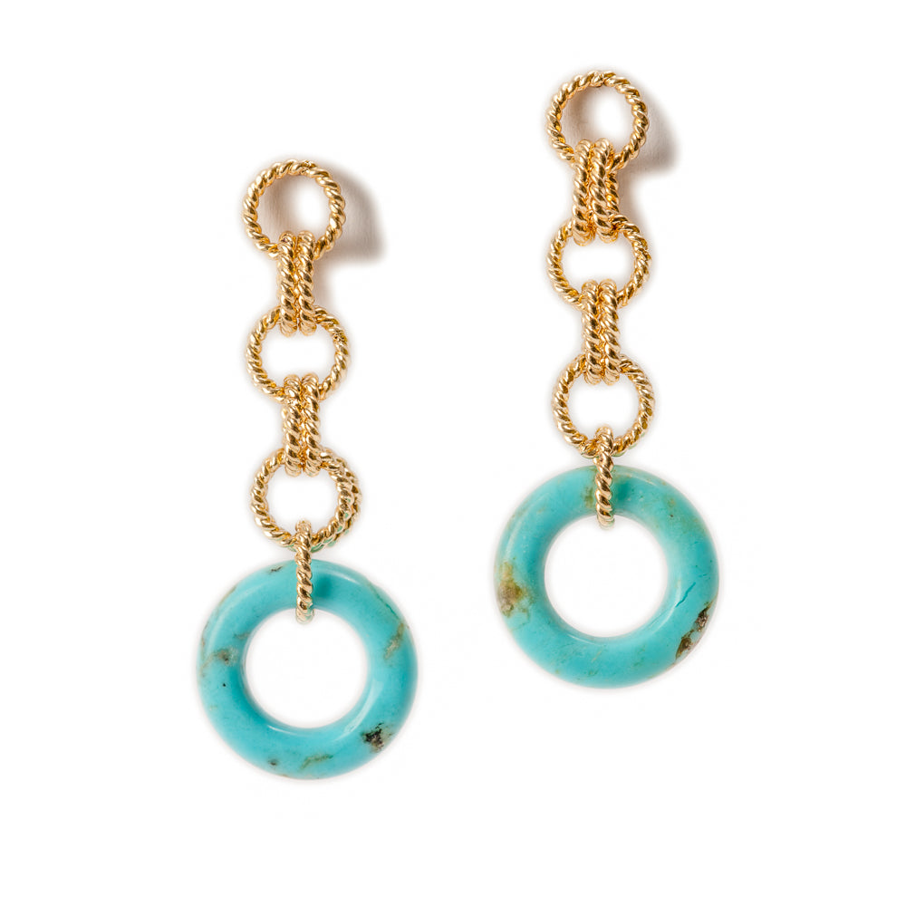 18K Gold Twist Link Earrings with Kingman Turquoise